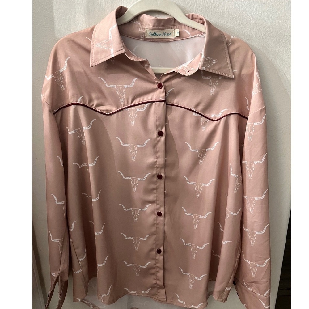 Southern Grace Mauve Longhorn Skull Western Button Down Shirt Western Cowgirl M